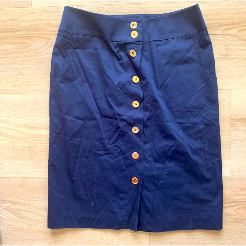 Talbots - petites navy blue size 6 stretch knee high button down skirt for women